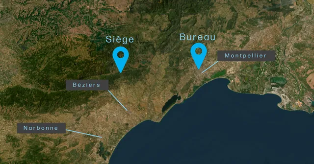 Carte : le siège FURGO à Faugères et le bureau à Montpellier